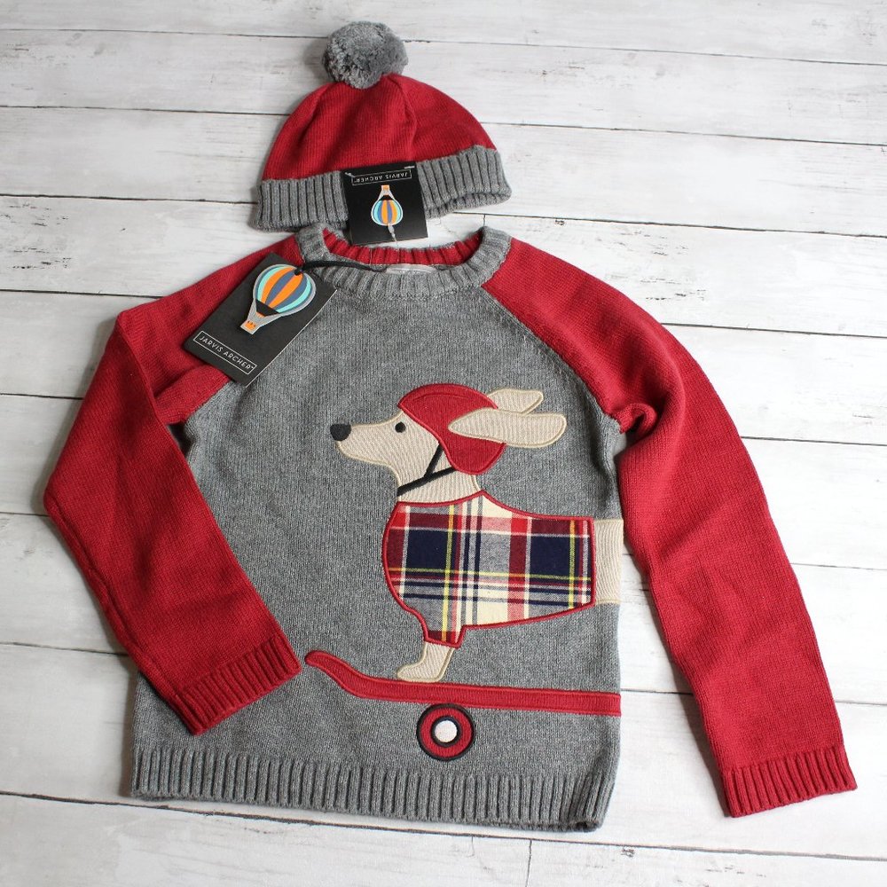 Jarvis Archer Boy's Winter Sweater Beanie Hat Set Size 5T 5 Red Gray Dog